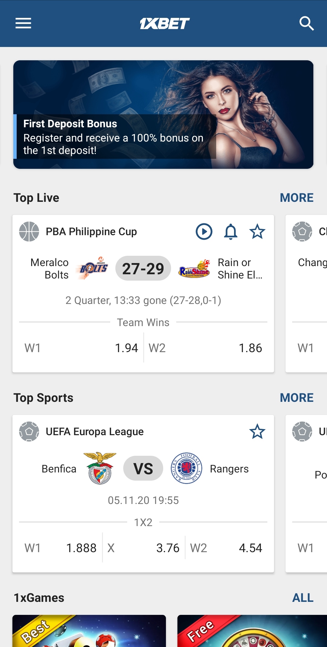 1xBet mobile application